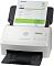 Фото-4 Сканер HP ScanJet Enterprise Flow 5000 s5, вид спереди под углом: документ вставлен в верхний автоподатчик, на корпусе небольшой экран и кнопки управления, раскрыт нижний приёмный лоток, фото демонстрирует процесс подачи листа.