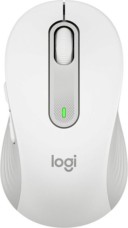 Фото-1 Беспроводная мышь Logitech M650, вид сверху; белый корпус, белое колесо SmartWheel, центральная вставка с зелёным индикатором и серый логотип; изображение на светлом фоне для карточки товара, важно для страницы как показывает основной дизайн и верхние элементы управления.