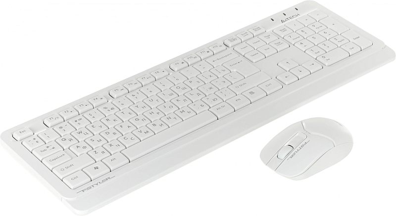 Фото-1 Комплект клавиатура и мышь A4Tech FG1012 White — ракурс под углом на белом фоне: белая клавиатура с цифровым блоком и белая мышь рядом; изображение важно, чтобы увидеть состав набора и общий дизайн.