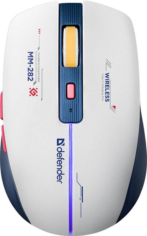 Фото-1 Беспроводная мышь Defender Gaming Dila MM-282, белая, вид сверху; белый корпус с синими боковинами, жёлтое колесо прокрутки, красная центральная кнопка и синяя световая полоса по центру; изображение важно для оценки цветового оформления и элементов управления товара.