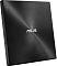 Фото-3 Внешний оптический привод ASUS SDRW-08U8M-U (DVD-RW), чёрный: вид спереди-сбоку в вертикальном положении; тонкий корпус, на боковой стороне видна линия лотка и отверстие аварийного извлечения; на белом фоне — показывает конструкцию передней части.