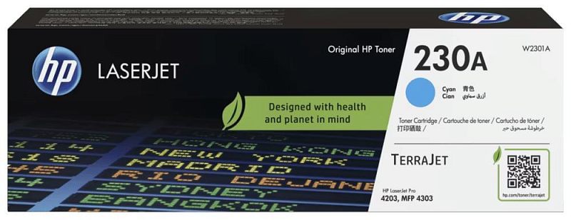 Фото-1 Тонер-картридж HP 230A W2301A Cyan, фронтальный вид упаковки; прямоугольная коробка LaserJet с голубой цветовой меткой, крупной маркировкой 230A, QR-кодом и надписью TerraJet. Изображение важно для страницы товара, чтобы проверить серию, цвет и формат упаковки расходника.