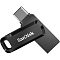 Фото-2 USB-накопитель SanDisk Ultra Dual Drive Go USB 3.1 128GB, вид под углом: выдвинут разъём USB‑C, поворотная защитная скоба и отверстие под шнурок на торце, чёрный корпус; важно для страницы, чтобы показать разъём USB‑C и защитный механизм.