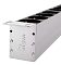 Фото-2 Блок розеток PDU TSMO Rem REM-32 Zero-U R-32-24S-A-AM-1820-K, крупный план торца под углом: серебристая торцевая крышка с тиснением Rem, винты и монтажное ухо; на заднем плане ряд круглых розеток — важно для оценки качества сборки и способа крепления в стойке.