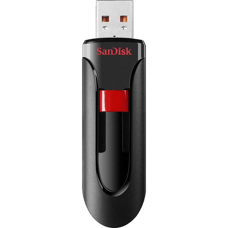 Фото-1 USB-накопитель SanDisk Cruzer Glide USB 3.0 128GB, вид спереди: серый корпус с чёрной центральной вставкой, красный слайдер, красный логотип SanDisk, разъём USB‑A выдвинут, на белом фоне; важно для страницы, чтобы показать выдвижной механизм и расположение слайдера.
