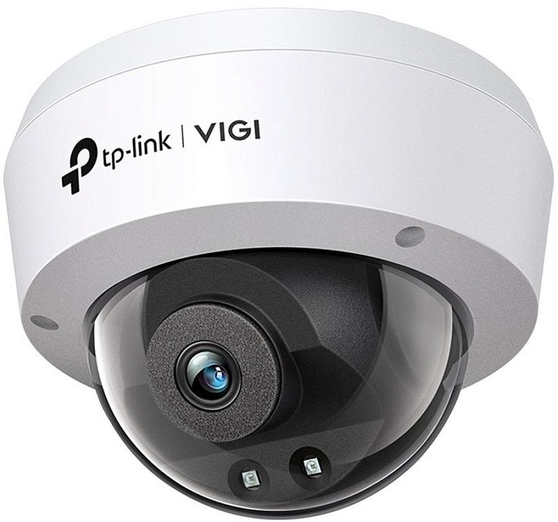 Фото-1 Камера видеонаблюдения TP-Link VIGI C240I 2.8mm, фронтальный вид под углом; на фото белый купольный корпус с прозрачным полусферическим окном, чёрным внутренним модулем объектива и монтажным основанием для страницы товара камеры.