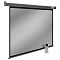 Фото-2 Проекционный экран настенно-потолочный Cactus SilverMoto CS-PSSME-200x150-DG, вид спереди под углом; серое полотно без изображения в чёрной рамке, серый короб, пульт управления рядом