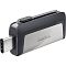 Фото-2 USB‑накопитель SanDisk Ultra Dual 32GB, вид под углом: выдвинутый разъём USB‑C слева, сверху ползунок, сбоку серебристая вставка SanDisk; показывает наличие USB‑C на странице товара.