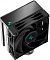 Фото-3 Кулер для процессора DeepCool AK400, ракурс сверху: чёрная верхняя крышка радиатора с мелкой сеткой и логотипом, рядом виден вентилятор в чёрной рамке. Белый фон &mdash; изображение показывает верхнюю панель и компоновку башенного радиатора.