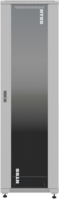 Фото-1 Напольный шкаф NTSS Premium 22U, серый, вид спереди; показана высокая стеклянная передняя дверь с логотипом NTSS, вертикальная ручка слева и регулируемые опоры снизу; изображение важно для демонстрации фасада и формата шкафа на странице товара.