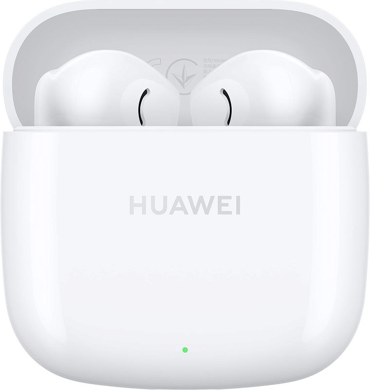 Фото-1 Гарнитура Huawei ULC-CT010, белая, зарядный кейс открыт спереди; показаны два внутриканальных наушника в глянцевом кейсе, логотип HUAWEI на крышке и световой индикатор на передней панели; карточка товара с основным видом комплекта наушников в кейсе.