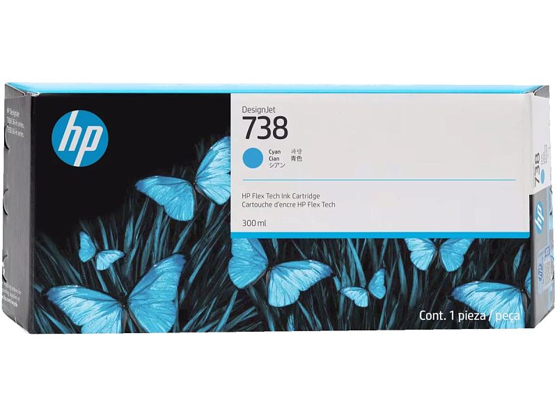 Фото-1 Картридж HP 738 Cyan 300 мл, фронтальный вид упаковки; прямоугольная коробка DesignJet с голубой цветовой точкой, изображением синих бабочек и маркировкой 738. Фото на странице товара показывает упаковку, цвет и объём расходника для проверки модели 676M6A.