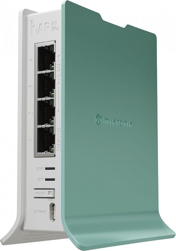 Фото-1 Беспроводной маршрутизатор MikroTik hAP ax lite (L41G-2axD), ракурс 3/4: белый корпус с мятно‑зелёной боковой панелью и логотипом MikroTik, на торце четыре порта Ethernet, индикаторы и кнопка reset, внизу разъём питания USB‑C; студийное фото показывает компоновку портов.