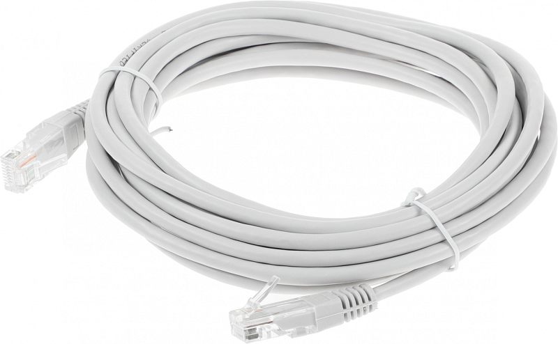 Фото-1 Патч-корд Lanmaster UTP Cat 5e TWT-45-45-5.0-GY, серый, 5 м — общий вид длинного кабеля в кольце; видны два коннектора RJ45, стяжки и серая оболочка. Изображение показывает длину и исполнение кабеля для страницы товара.