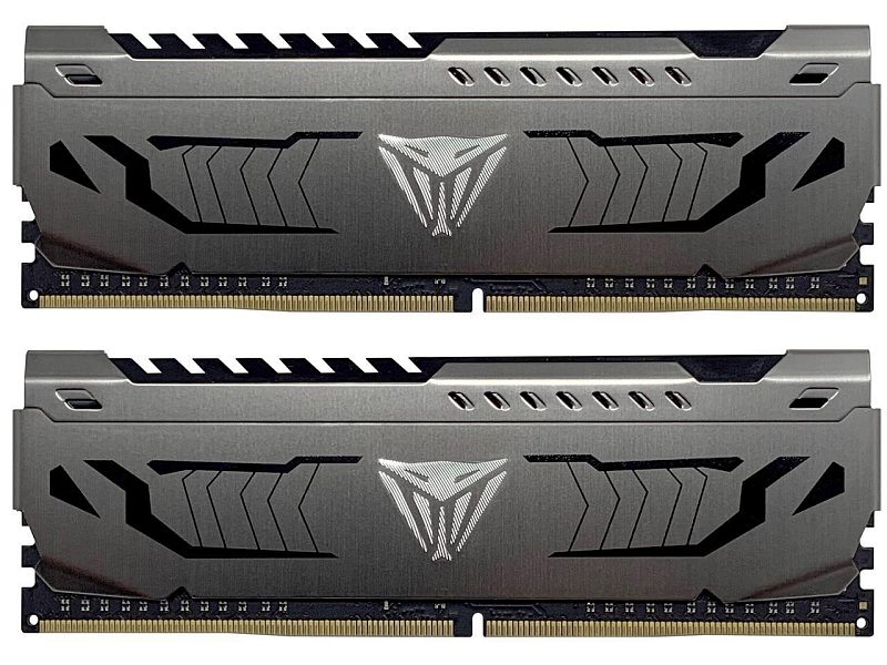 Фото-1 Комплект памяти Patriot Viper Steel PVS416G360C8K, два модуля на светлом фоне; серо-графитовые радиаторы с рельефным рисунком, логотип Viper по центру и золотистые контакты снизу; важно для страницы товара, потому что показан внешний вид пары модулей из комплекта.