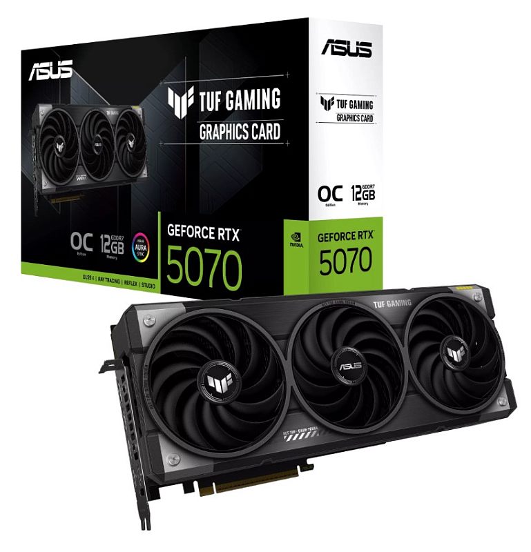 Фото-1 Видеокарта Asus GeForce RTX 5070 TUF Gaming OC, комплект с упаковкой. На фото сама видеокарта спереди и коробка с маркировкой TUF Gaming Graphics Card, GeForce RTX 5070 и 12GB. Черный корпус и черно-зеленая упаковка; изображение для карточки товара, показывает внешний вид устройства и оформление коробки.