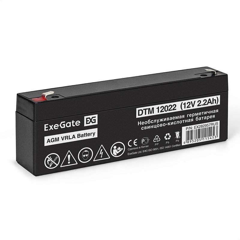 Фото-1 Батарея для ИБП ExeGate DTM 12022 EX282957RUS, вид спереди под углом; на фото чёрный аккумулятор 12V 2.2Ah в узком длинном корпусе, по краям сверху видны клеммы, на лицевой стороне нанесена маркировка модели и пиктограммы безопасности; изображение на светлом фоне показывает форм-фактор и контакты батареи для страницы товара.