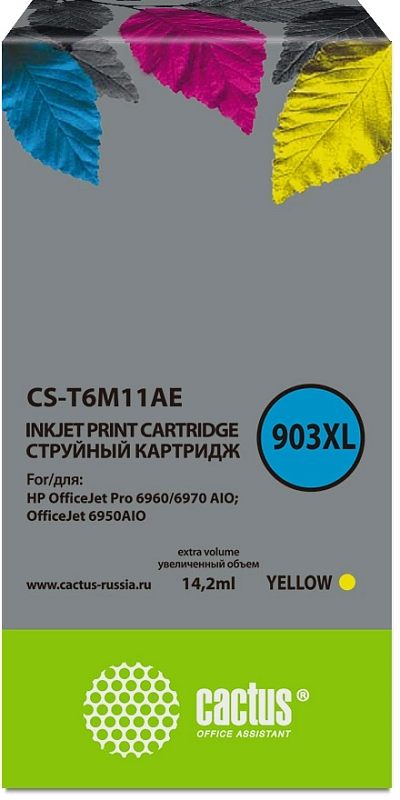 Фото-1 Струйный картридж Cactus CS-T6M11AE, HP 903XL, вид спереди на упаковку; высокая коробка с серой лицевой панелью, зелёной нижней частью, маркировкой 903XL и объёмом 14,2 мл, жёлтый цвет указан внизу справа; изображение важно для определения модели и цветовой версии в карточке товара.