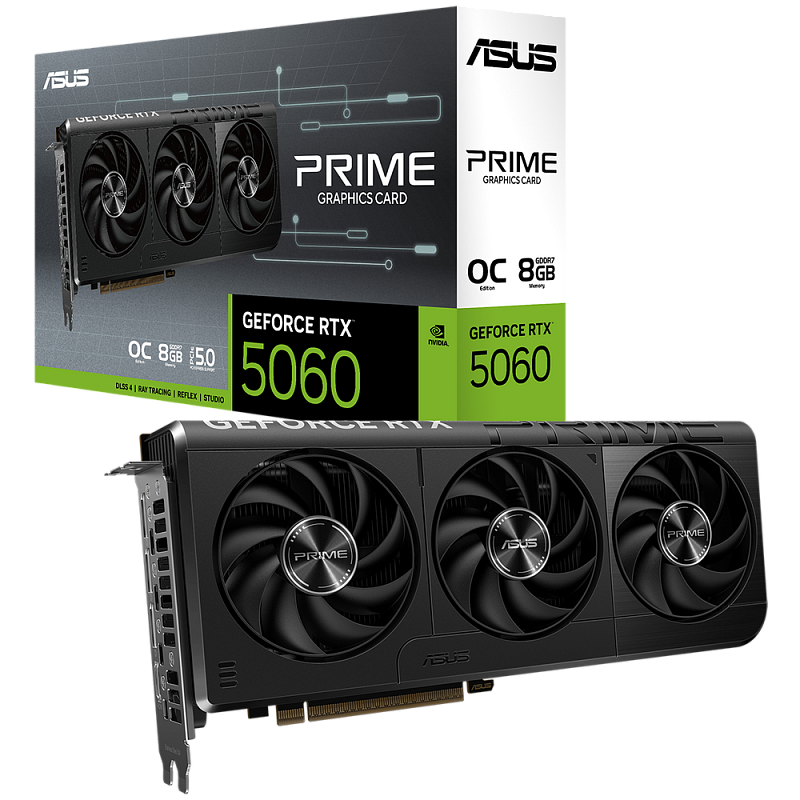 Фото-1 Видеокарта ASUS GeForce RTX 5060 Prime OC 8GB, общий вид с коробкой; чёрная трёхвентиляторная карта рядом с упаковкой PRIME Graphics Card, чёрно-бело-зелёное оформление коробки. Фото для страницы товара показывает устройство и фирменную упаковку.