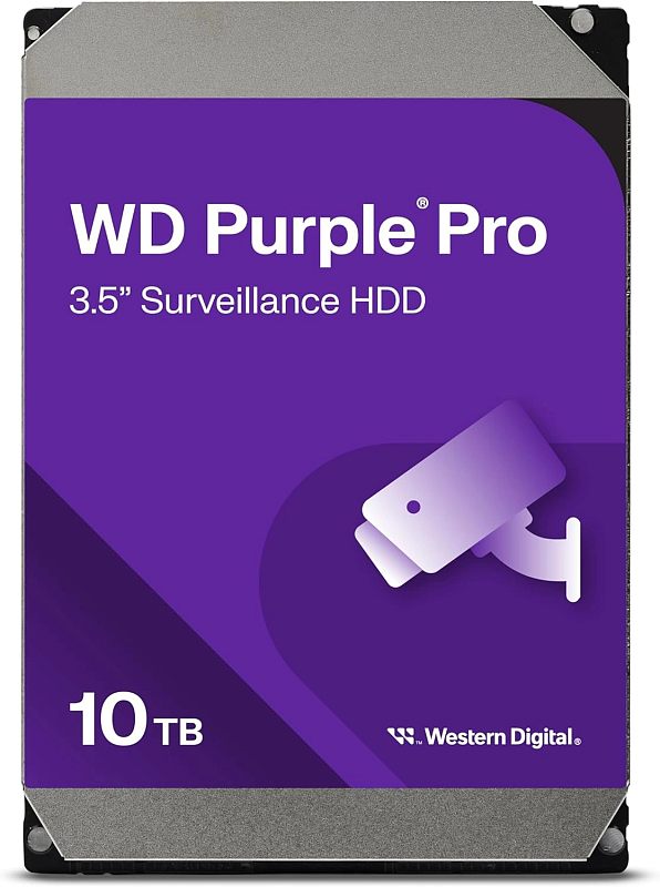 Фото-1 Жесткий диск WD Purple Pro WD102PURP, вид спереди — фиолетовая лицевая наклейка WD Purple Pro с обозначением 10TB и пиктограммой камеры, серебристые кромки корпуса; помогает отличить серию Purple Pro на странице товара.