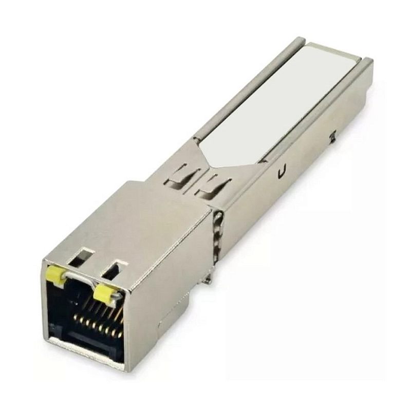 Фото-1 Трансивер SFP Finisar FCLF8521P2BTL, вид под углом: металлический корпус и разъём RJ45 на торце, внутри порта видны контакты; сверху крупная белая наклейка. Изображение для страницы товара, чтобы подтвердить SFP‑модуль под витую пару по фото.