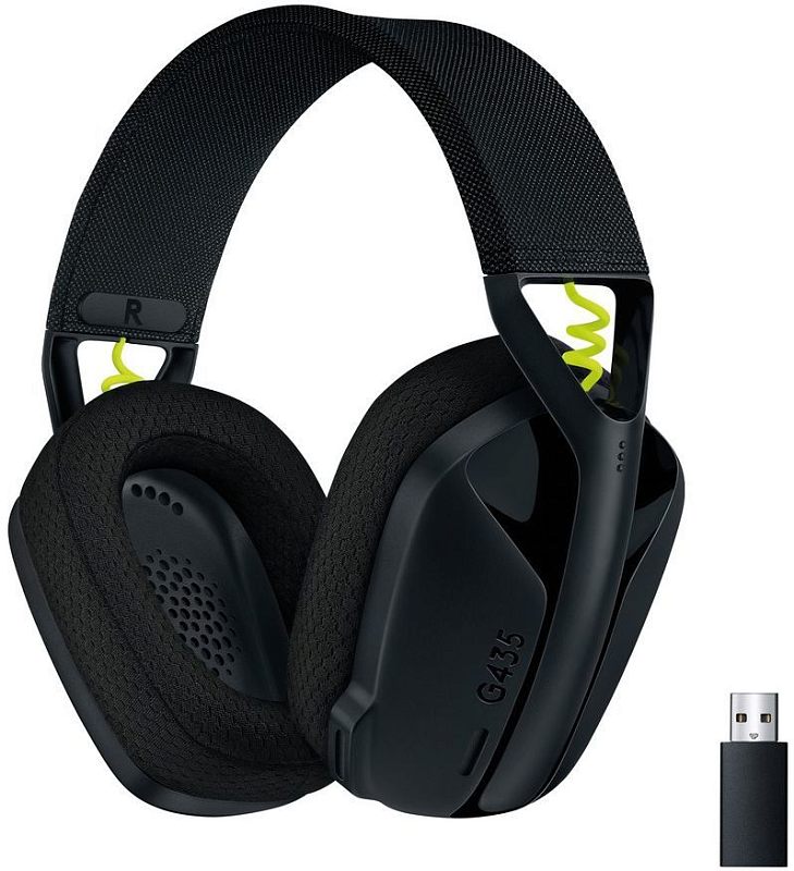 Фото-1 Наушники Logitech G435 LIGHTSPEED, вид спереди; чёрная беспроводная гарнитура с лёгким оголовьем и крупными чашками показана для страницы товара.