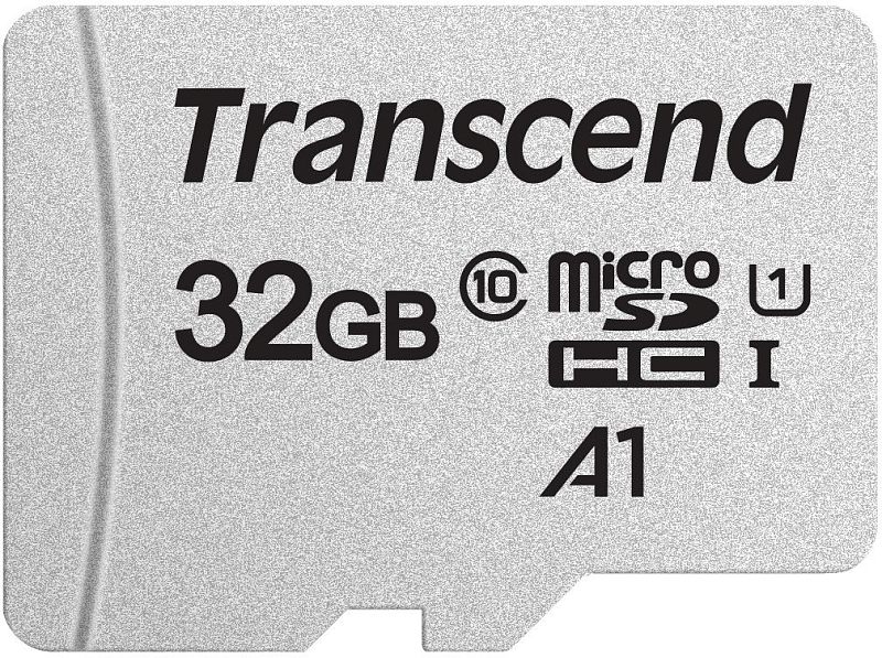 Фото-1 Карта памяти microSD Transcend 300S TS32GUSD300S — крупный план карты; серый корпус с чёрной маркировкой «32GB», значки microSDHC/UHS‑I и «A1». На странице товара это важно для подтверждения формата microSDHC и маркировок на самом носителе.