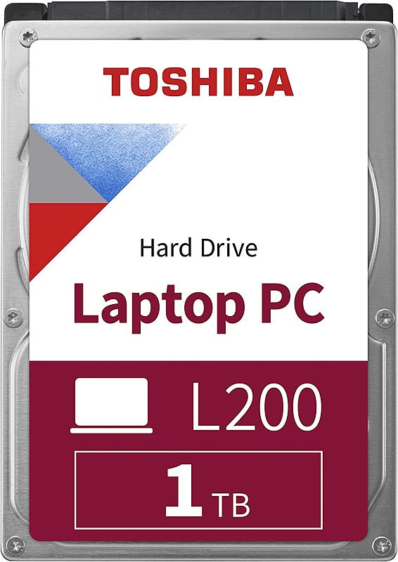 Фото-1 Жесткий диск Toshiba L200 HDWL110UZSVA, вид сверху — бело-бордовая этикетка с надписью Laptop PC, L200 и 1TB, серебристый корпус с винтами; помогает распознать модель HDD для ноутбука в карточке товара.