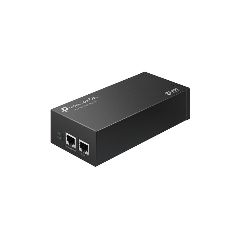 Фото-1 PoE-инжектор TP-Link Omada POE170S, вид под углом: чёрный корпус с маркировкой 60W, два RJ-45 порта DATA IN и PWR+DATA OUT и два индикатора; показывает разъёмы для ввода данных и вывода PoE.