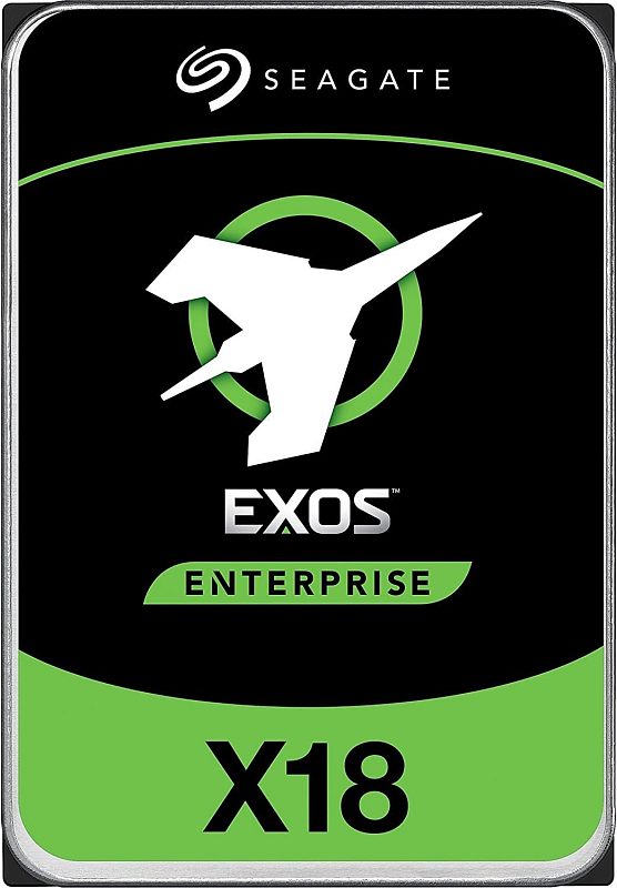 Фото-1 Жёсткий диск Seagate Exos X18 ST14000NM000J 3.5" 14 ТБ — фронтальная наклейка серии: чёрный фон с зелёными элементами, логотип Seagate и надпись “EXOS Enterprise X18”; на белом фоне для узнаваемости линейки на странице товара.