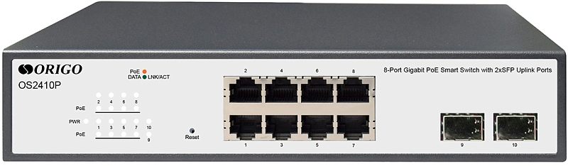 Фото-1 Коммутатор ORIGO OS2410P, вид спереди. На фото восемь RJ-45 портов в двух рядах, два SFP uplink-порта справа, индикаторы PoE и Link/Act слева, кнопка Reset. Чёрный металлический корпус с серой лицевой панелью; изображение показывает портовую схему для страницы товара.