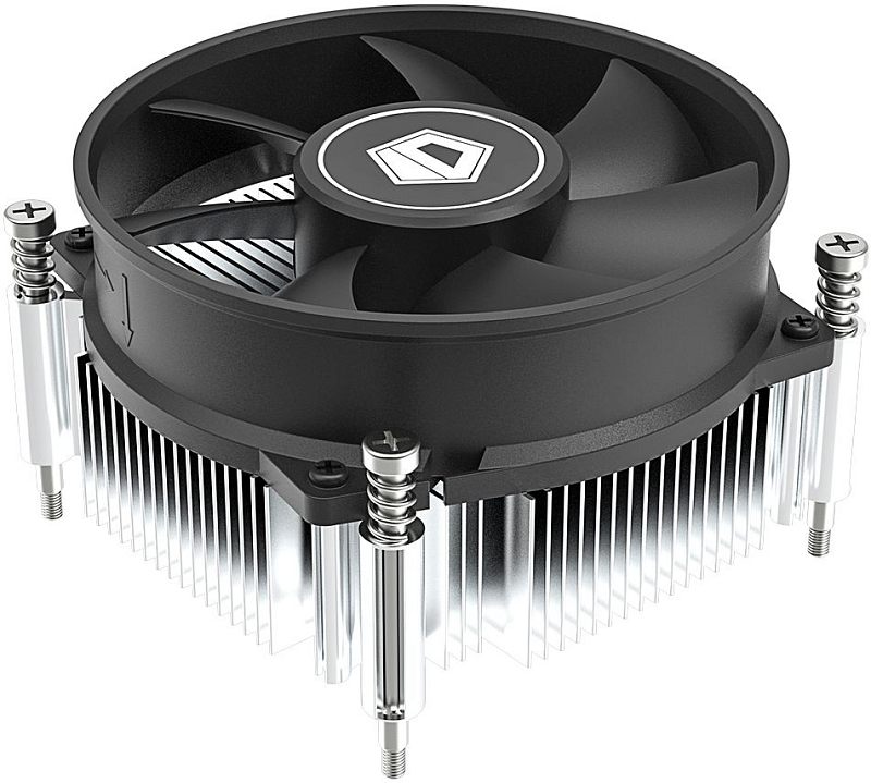 Фото-1 Радиатор охлаждения процессора ID-Cooling DK-19 PWM, вид сверху под углом: круглый чёрный вентилятор на радиальном серебристом радиаторе, по углам видны стойки с пружинами крепления; фото важно для понимания конструкции крепежа и формы кулера.