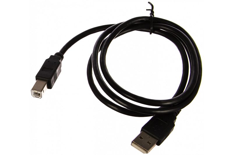 Фото-1 Кабель Perfeo USB Type-B — USB Type-A U4101, общий вид кабеля в бухте на белом фоне: чёрный провод, штекер USB-B и USB-A, стяжка сверху и гладкая оболочка без оплётки; фото показывает тип коннекторов и вид всего кабеля.