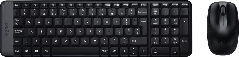 Фото-1 Комплект клавиатура и мышь Logitech MK220, фронтальный вид: компактная клавиатура с цифровым блоком и чёрная мышь справа, на светлом фоне для страницы товара и показа комплекта целиком.