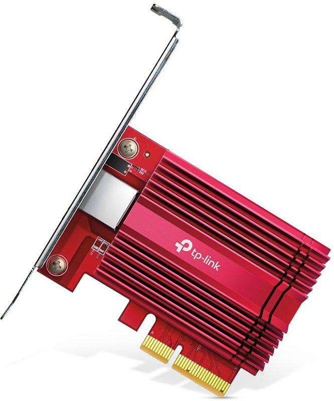 Фото-1 Сетевая карта TP-Link TX401, вид под углом: PCIe-адаптер с красным ребристым радиатором и металлической планкой; белый фон показывает форму радиатора и разъём PCIe для установки в ПК.